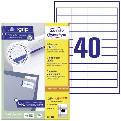 Avery-Zweckform 3657-200 Univerzális etikett 48.5 x 25.4 mm Papír Fehér 8800 db Véglegesen tapadó Sz