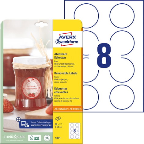 Avery-Zweckform 5081 Ø 65 mm Papír Fehér 80 db Leoldható Univerzális etikett