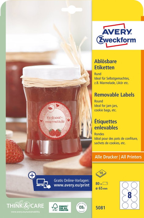 Avery-Zweckform 5081 Ø 65 mm Papír Fehér 80 db Leoldható Univerzális etikett 3. kép