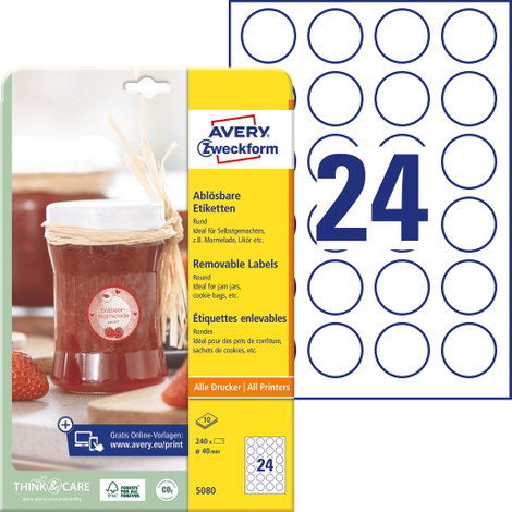 Avery-Zweckform 5080 Ø 40 mm Papír Fehér 1 készlet Leoldható Univerzális etikett