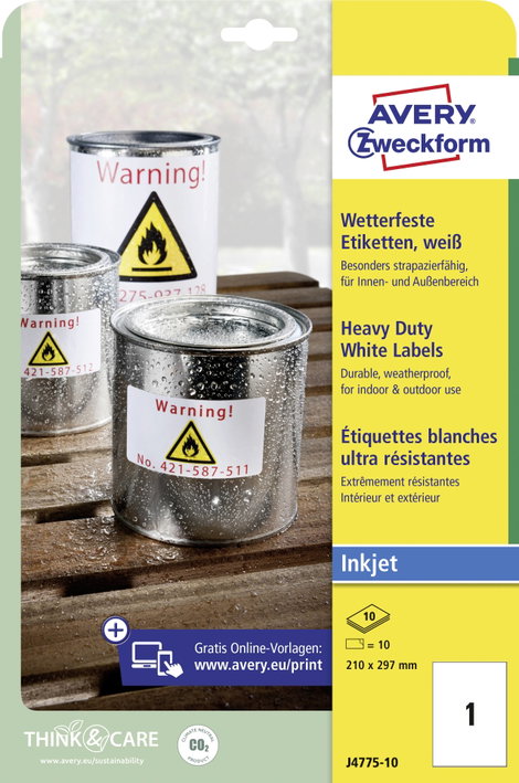 Avery-Zweckform J4775-10 Fólia címkék 210 x 297 mm Poliészter fólia Fehér 10 db Véglegesen tapadó Ti 3. kép