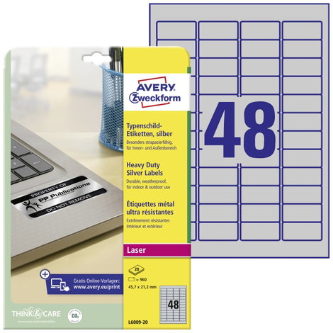 Avery-Zweckform L6009-20 Típustábla etikett 45.7 x 21.2 mm Poliészter fólia Ezüst 960 db Véglegesen