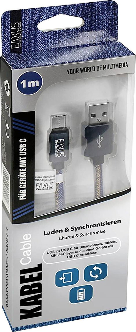 Eaxus USB töltőkábel USB-A dugó, USB-C® dugó 1.00 m Kék 4260183016106 2. kép