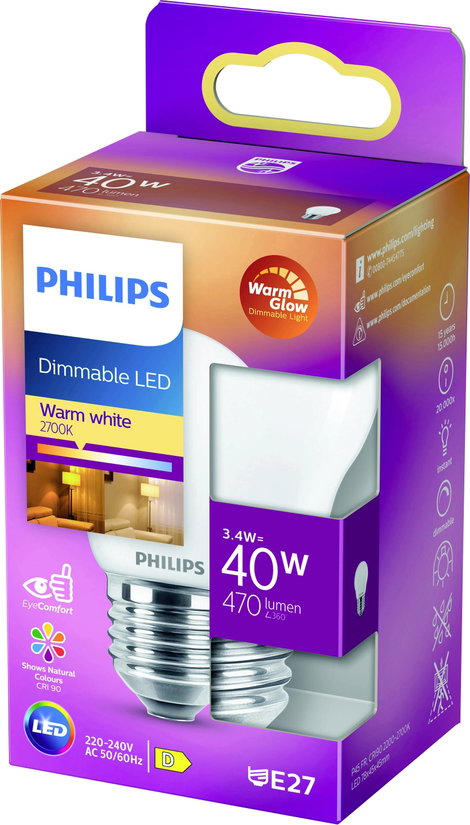 Philips Lighting 871951432449700 LED EEK D (A - G) E27 Csepp forma 3.4 W = 40 W Melegfehér (Ø x H) 4