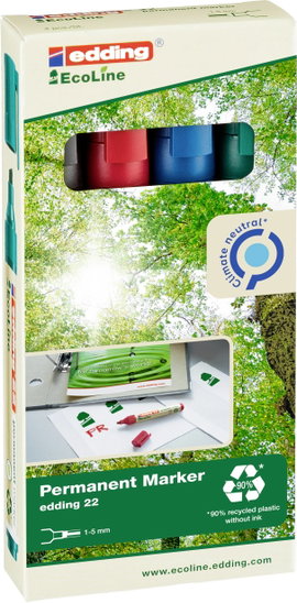 Edding 22 EcoLine 4-22-4 Permanent marker Fekete, Kék, Piros, Zöld Vízálló: Igen
