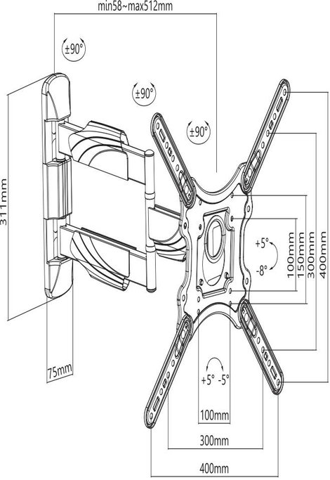 Fali TV tartó 58,4 - 139,7 cm (23 - 55) dönthető, SpeaKa Professional SP-TVM-400 7. kép