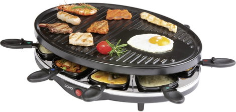 DOMO DO9038G Raklett Grillező funkció, Tapadásmentes bevonat, Visszajelző lámpa, 8 edény Fekete