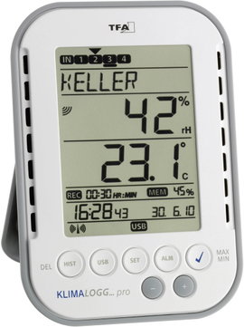Digitális páratartalom-/hőmérő adatgyűjtővel, vezeték nélküli USB vevő, TFA KlimaLogg Pro 30.3039.IT