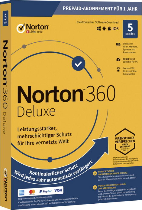 Norton Life Lock Norton™ 360 Deluxe 50GB GE 1 USER 5 DEVICE 12MO Éves liszensz, 5 db Windows, Mac, A