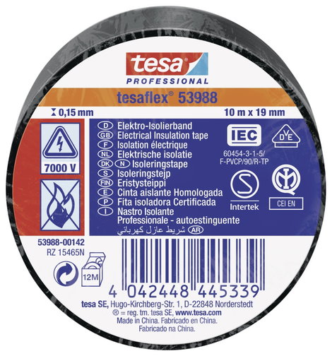 tesa tesaflex IEC 53988-00142-00 Szigetelőszalag Fekete (H x Sz) 10 m x 19 mm 1 db
