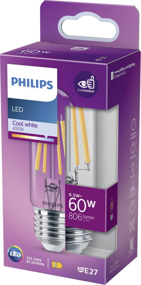 Philips Lighting 871951436132400 LED EEK E (A - G) E27 Rúd forma 6.5 W = 60 W Melegfehér (Ø x H) 32 4. kép