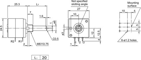 Forgó potméter, sztereo, speciális Balance, 10 kΩ 0,05 W ± 20 %, ALPS RK27112 10KM+N 401618 2. kép