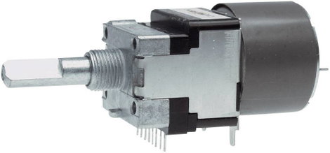Motoros forgó potméter, sztereo, 6 mm-es tengely, D-log 10 kΩ max. 50 V/AC, ALPS RK16812MG 10KDX2