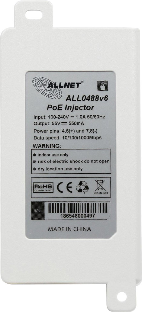 Allnet ALL0488v6 PoE injektor 10 / 100 / 1000 MBit/s IEEE 802.3af (12.95 W), IEEE 802.3at (25.5 W) 3. kép