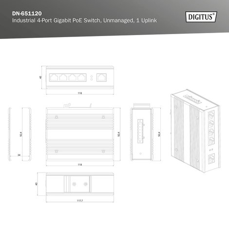 Digitus DN-651120 Ipari Ethernet switch 10 / 100 / 1000 MBit/s IEEE 802.3af (12.95 W), IEEE 802.3at