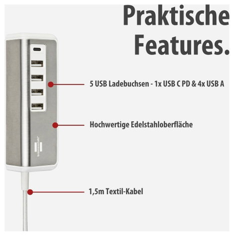 Brennenstuhl USB-s töltőkészülék Beltér Kimenetek száma: 5 x USB, USB-C® alj (Power Delivery) 3. kép