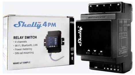 Shelly 4Pro PM Shelly Kalapsín relé Bluetooth, Wi-Fi