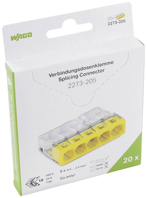 Aljzatkapocs merev: 0.5-2.5 mm² Pólusszám: 5 WAGO 2273 20 db Átlátszó, Sárga 2. kép