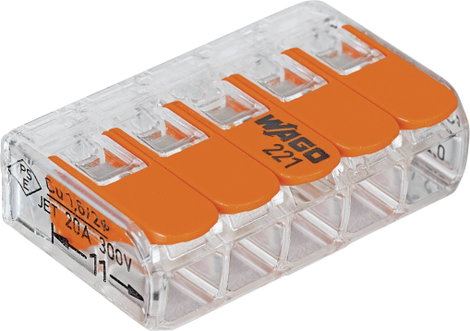 WAGO 221-615 221 Vezetékösszekötő hajlékony: 0.5-6 mm² merev: 0.5-6 mm² Pólusszám: 5 6 db Átlátszó,