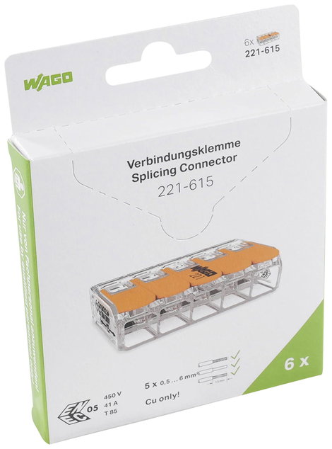 WAGO 221-615 221 Vezetékösszekötő hajlékony: 0.5-6 mm² merev: 0.5-6 mm² Pólusszám: 5 6 db Átlátszó, 2. kép