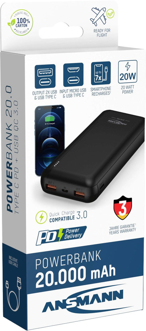 Powerbank 20000 mAh lítium-ion, USB-A/USB-C, fekete, Ansmann PB320PD 10. kép