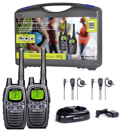 Midland G7 Pro 2er Kofferset, PMR446 Doppelstandlader, MA24-L Headsets C1090.18 PMR készülék 2 része