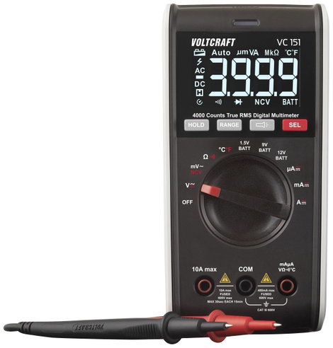 Digitális kézi multiméter CAT III 600 V 4000 digit, Voltcraft VC151
