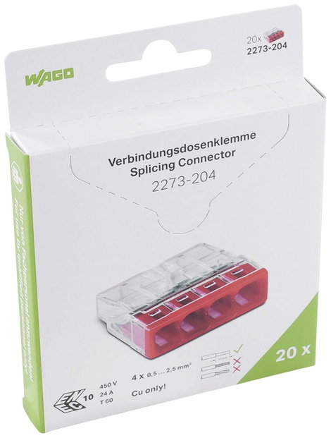 Aljzatkapocs merev: 0.5-2.5 mm² Pólusszám: 4 WAGO 2273 20 db Átlátszó, Piros 2. kép