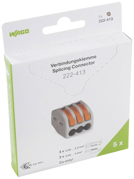 WAGO 222-413 222 Vezetékösszekötő hajlékony: 0.08-4 mm² merev: 0.08-2.5 mm² Pólusszám: 3 5 db Szürke 2. kép