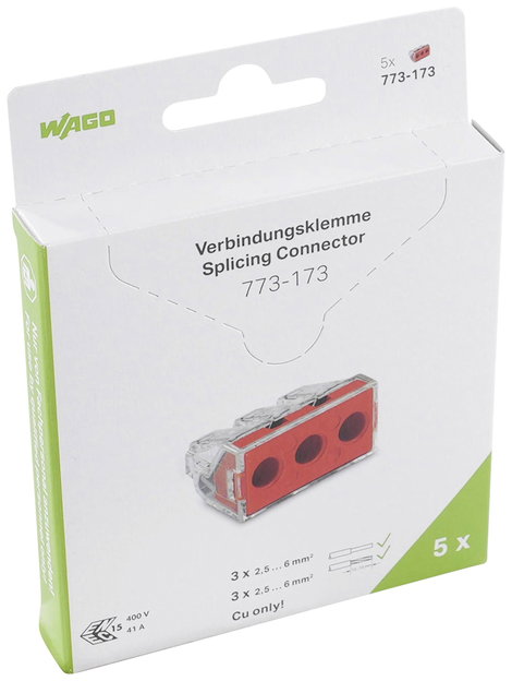 WAGO 773-173 Vezetékösszekötő hajlékony: - merev: 2.5-6 mm² Pólusszám: 3 5 db Átlátszó, Piros 2. kép
