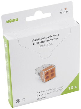 WAGO 773-104 Aljzatkapocs hajlékony: - merev: 0.75-2.5 mm² Pólusszám: 4 10 db Átlátszó, Narancs