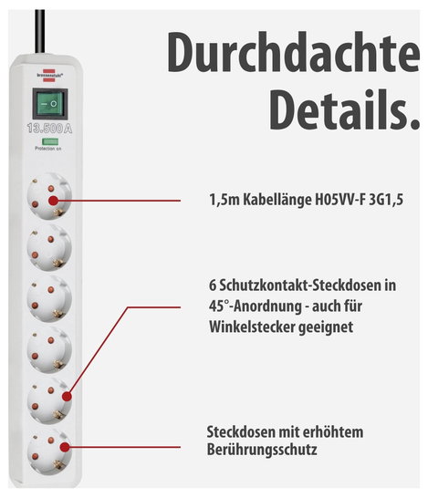 Túlfeszültség ellen védett elosztó, 6 részes, kapcsolóval, Brennenstuhl 1159700015 4. kép