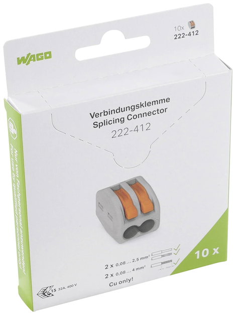 WAGO 222-412 222 Vezetékösszekötő hajlékony: 0.08-4 mm² merev: 0.08-2.5 mm² Pólusszám: 2 10 db Szürk 2. kép