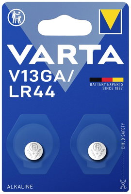 LR44 gombelem, alkáli mangán, 1,5V, 125 mAh, 2 db, Varta AG13, V13GA, G13A, 13GA, PX76A, PX675A, 157
