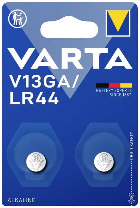 LR44 gombelem, alkáli mangán, 1,5V, 125 mAh, 2 db, Varta AG13, V13GA, G13A, 13GA, PX76A, PX675A, 157