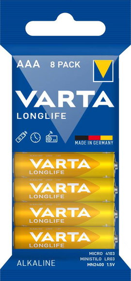 Mikroelem AAA, alkáli mangán, 1,5V, 8 db, Varta Longlife LR03, AAA, LR3, AM4M8A, AM4, S