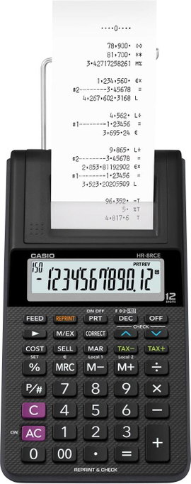 Nyomtatós asztali számológép, fekete, 12 digites, Casio HR-8RCE-BK