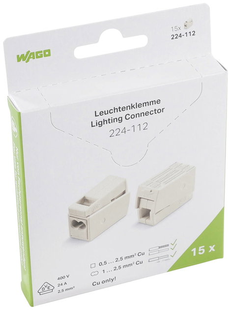 WAGO 224-112 Lámpakapocs hajlékony: 0.5-2.5 mm² merev: 1-2.5 mm² Pólusszám: 3 15 db Fehér 2. kép