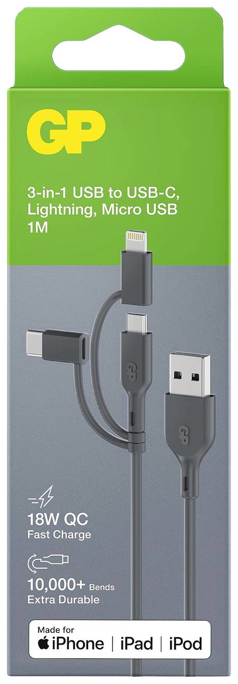 GP Batteries USB töltőkábel USB 2.0 USB-A dugó, Apple Lightning dugó, USB mikro B dugó, USB-C® dugó 4. kép