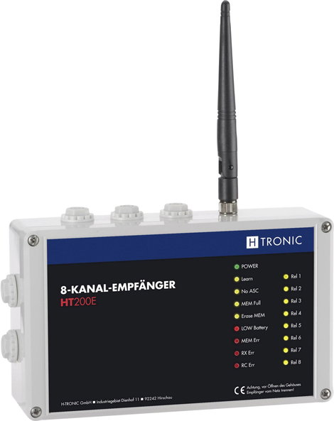 H-Tronic HT200E Vezeték nélküli vevő 8 csatornás Frekvencia 868.35 MHz, 869.05 MHz, 869.55 MHz 12 V