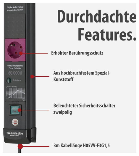 Brennenstuhl 1951150500 Túlfeszültség ellen védő elosztó Fekete Védőérintkezős 1 db 4. kép