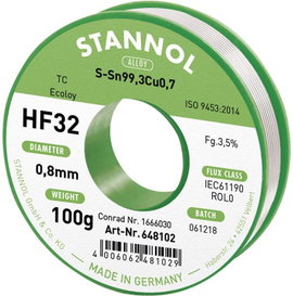 Stannol HF32 3,5% 0,8MM SN99,3CU0,7 CD 100G Forrasztóón, ólommentes Ólommentes, Tekercs Sn99,3Cu0,7 