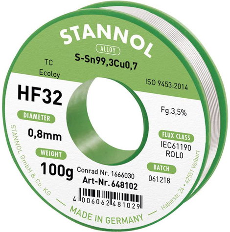 Stannol HF32 3,5% 0,8MM SN99,3CU0,7 CD 100G Forrasztóón, ólommentes Ólommentes, Tekercs Sn99,3Cu0,7