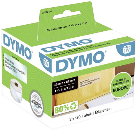 DYMO Etikett tekercs 99013 S0722410 89 x 36 mm Fólia Átlátszó 260 db Véglegesen tapadó Cím etikett