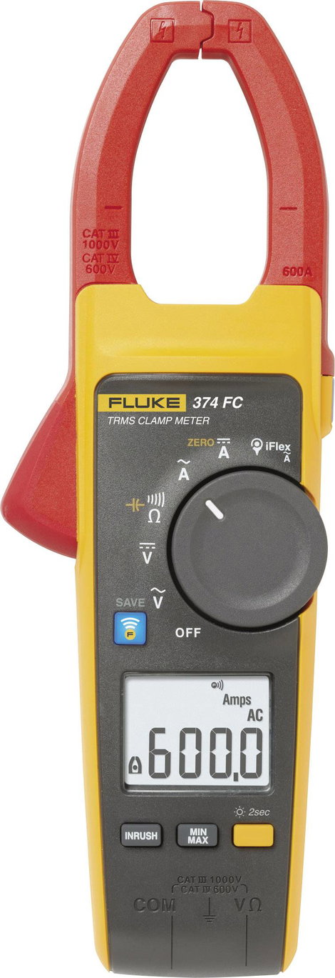Kézi multiméter és lakatfogó CAT III 1000 V, CAT IV 600 V, 6000 digit, Fluke 374 FC