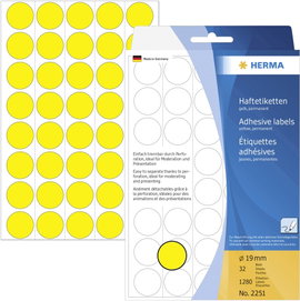 Herma 2251 Etikettek Ø 19 mm Papír Sárga 1280 db Véglegesen tapadó Jelölőpont etikett