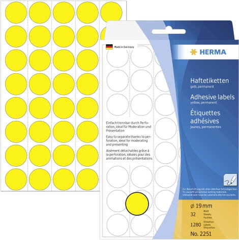 Herma 2251 Etikettek Ø 19 mm Papír Sárga 1280 db Véglegesen tapadó Jelölőpont etikett