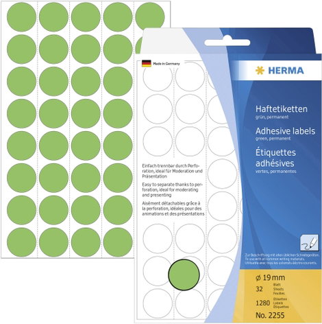 Herma 2255 Etikettek Ø 19 mm Papír Zöld 1280 db Véglegesen tapadó Jelölőpont etikett