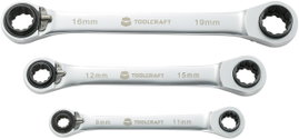 Racsnis csillag villáskulcs készlet, 8-19 mm, 4 in 1, 3 részes króm-vanádium TOOLCRAFT