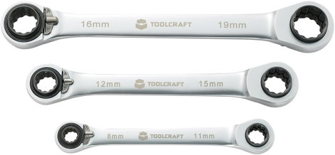 Racsnis csillag villáskulcs készlet, 8-19 mm, 4 in 1, 3 részes króm-vanádium TOOLCRAFT